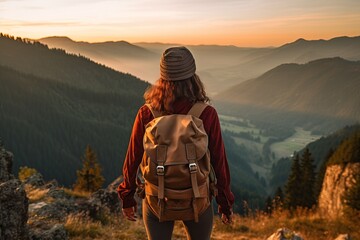 Fototapeta na wymiar Man with backpack hiking mountain on sunset back turned to the camera