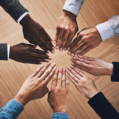 Above, community or hands of business people for support, teamwork or group collaboration in...