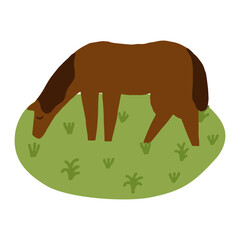 Cute minimalistic out-grazing horse on the meadow vector illustration. Farm animals. Brown horse with head down. 