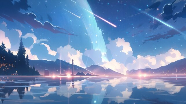 A shooting star. Shooting Star Comets Rain Down from Outer Space Night Sky Heavens. in the anime style, illustration. Generative AI	
