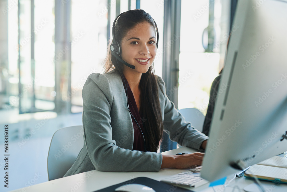 Poster call center, computer and smile with portrait of woman in office for customer support, advisory and 