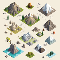 Mountains tiles collection isometric isolated on white - obrazy, fototapety, plakaty