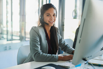 Call center, computer and smile with portrait of woman in office for customer support, advisory and...
