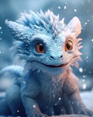 Obraz premium Cute baby frosty dragon in the snow. Generative AI.