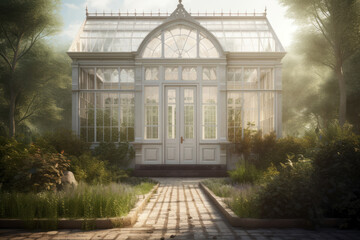 An old Victorian greenhouse in the mansion's garden. Photorealistic illustration generative AI.