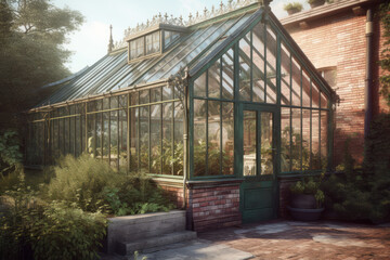 An old Victorian greenhouse in the mansion's garden. Photorealistic illustration generative AI.
