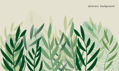 Abstract background art green leaves. hand draw outline green and white outline leaves and brush strokes. Vector background for wall decoration, banner, postcard, poster or brochure