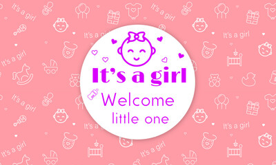 Baby Shower banner with cute icons for greeting cards, children's albums, children's boys, gender parties for  a girl. "It`s a girl"