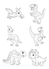 cute cartoon prehistoric dinosaur tyrannosaurus, coloring book for children, outline illustration