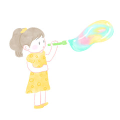 Girl blowing soap bubbles, simple and cute hand drawn watercolor illustration / シャボン玉を吹く女の子、シンプルでかわいい手描きの水彩イラスト