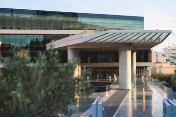 View of Acropolis Museum facade building exterior entrance, an archaeological museum in Athens...