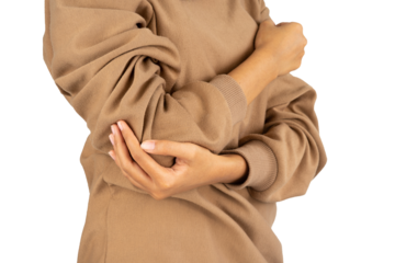 woman holding her sore elbow isolated