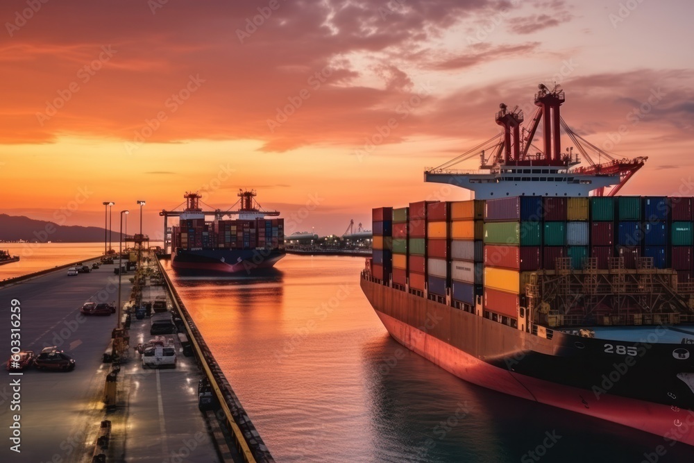 Poster logistic terminal at a sea port, with a crane loading cargo containers to ship. freight shipping