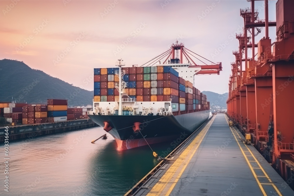 Poster international terminal sea logistic port, crane loading cargo containers onto container cargo ship