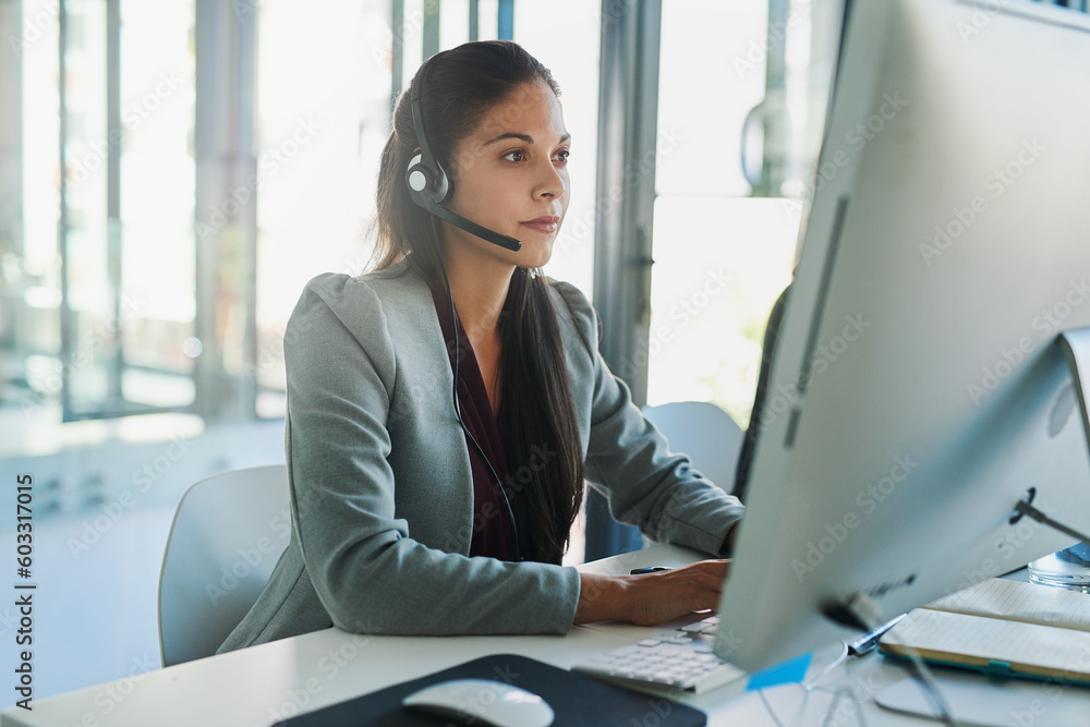 Poster call center, computer and consulting with woman in office for customer support, advisory and online.