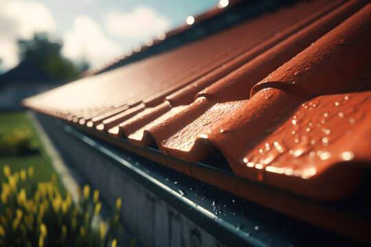 House with a tiled roof with a system of plastic gutters. Plastic gutter on the roof of a building. Generative AI