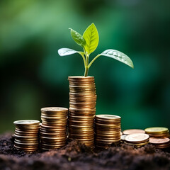 Plants growing on coins symbolising growth of the investment with green technology and sustainable businesses