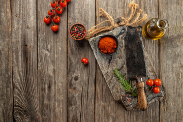 Wooden board with spices, greens and tomatoes for menu. Food menu mockup, banner, menu, recipe place for text, top view