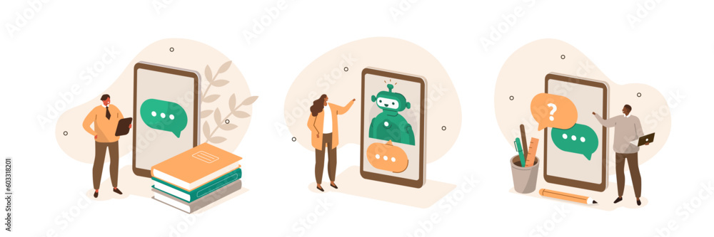 Poster chat bot or virtual assistants concept illustration set. characters sending messages and interacting