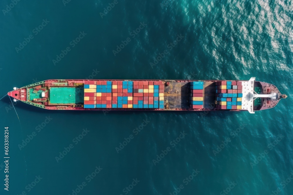 Poster aerial top view container cargo ship sailing through the open sea, import export business