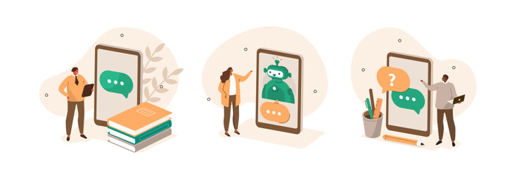 Chat bot or virtual assistants concept illustration set. Characters sending messages and interacting with AI driven helpdesk service on smartphones. Customer support technology. Vector illustration.