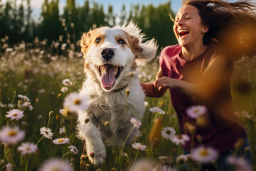 Playful and happy dog runs through a flower meadow with his owner 
