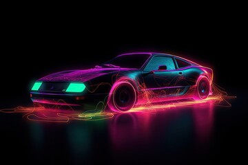 Plakat Futuristic retro car. Retro sport car with neon backlight contours. Generative ai