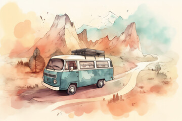 Watercolor camping concept art caravan travel lifestyle. Generative AI. - obrazy, fototapety, plakaty