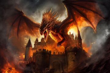 Fire breathing dragon with big wings on a dark over Castle, burning all around with fire. AI generative