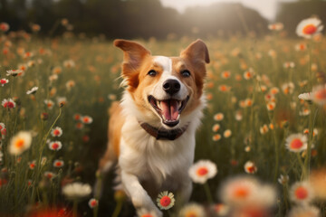  Playful and happy dog runs through a flower field