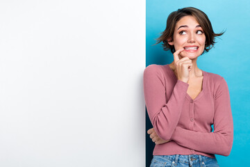 Photo of young dreaming girl wear pink shirt bite nail look empty space wall black friday discounts...