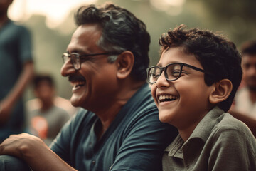 A candid shot of a father and son laughing together, Father's day, bokeh Generative AI