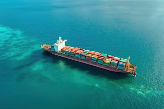 aerial view, container cargo ship in open sea, import-export business, the global logistics industry