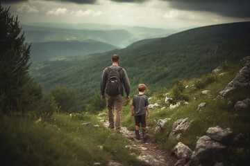 Fototapeta premium A father and son hiking in the mountains, Father's day, bokeh Generative AI