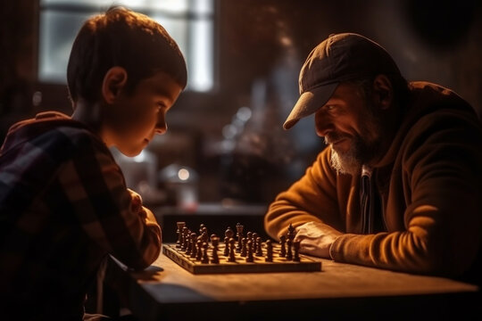 A father and son playing chess, Father's day, bokeh Generative AI