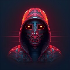 Portrait of anonymous cyborg hacker. Concept of hacking cybersecurity, cybercrime, cyberattack, pixel art style ai generative