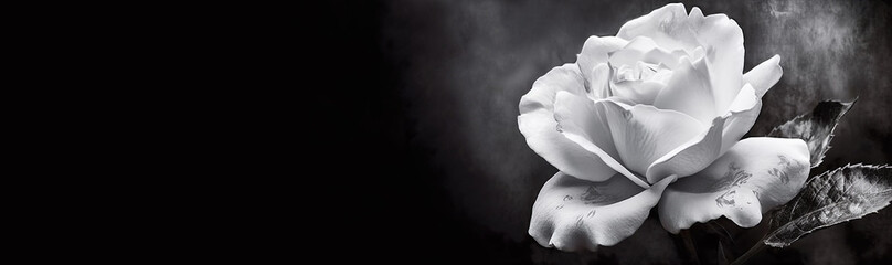 White rose on a dark background. Condolence card. Copy space for name, text or quote. Black and white illustration. Generative AI - obrazy, fototapety, plakaty
