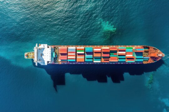 open sea, aerial view captures large container cargo ship in action, trade logistics