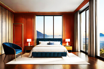 luxury elegant interior bedroom dark orange and golden mockup of the wall furniture mockup with generative ai technology