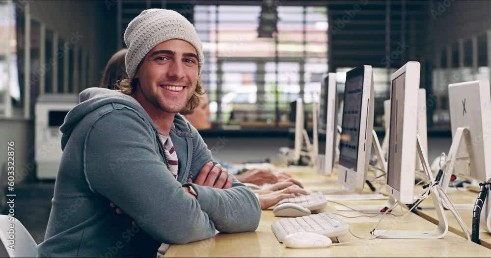 Poster face of student, computer and smile of man in university, learning or research in classroom. desktop