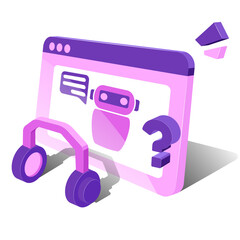 Chatbot, virtual assistant. 3d model of a computer screen with a depicted chatbot. Vector graphics on a white background