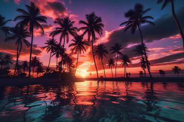 Fototapeta na wymiar purple sunset on the tropical beach ai generated art