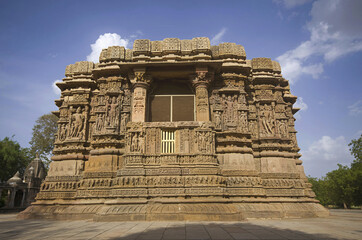 Outer view of the Sun Temple on the bank of the river Pushpavati. Built in 1026 - 27 AD during the...