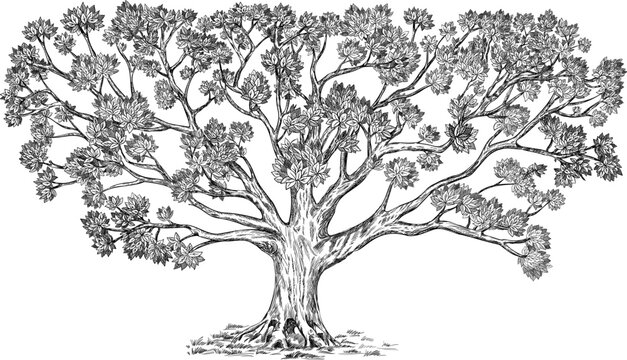 Decorative family tree with many elements. Large detailed hand drawn vector illustration. Usage: genus tree, background, design.