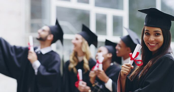 Happy, graduation and achievement with face of woman for learning, scholarship and future. Diploma, knowledge and university with portrait of college student for academy event, certificate and pride