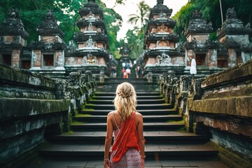 Tourist woman with backpack at vacation walking through the Hindu temple in Bali in Indonesia back turned to the camera 