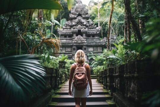 Tourist Woman With Backpack At Vacation Walking Through The Hindu Temple In Bali In Indonesia Back Turned To The Camera 