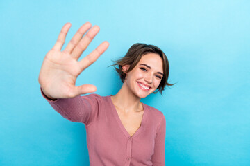 Closeup photo of young optimistic woman wear pink stylish shirt showing fingers high five number...