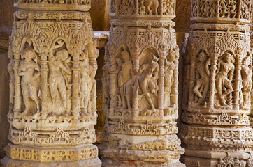 Carving details on the pillar of the Sun Temple. Built in 1026 - 27 AD during the reign of Bhima I...