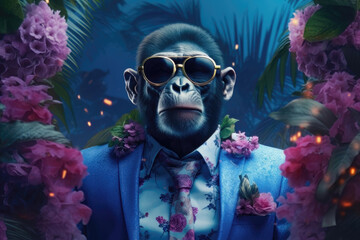 A stylish monkey adorned in a blue jacket, a blue shirt, and a tie, each displaying intricate red floral patterns, reflecting the vibrant fusion of Hawaiian and hip hop aesthetics. Generative AI